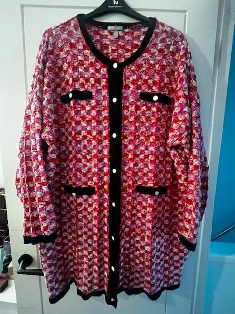 ASOS ASOS Long Knitted Check Cardigan in Pink & Red – UK 18 / EU 46 / Oversized