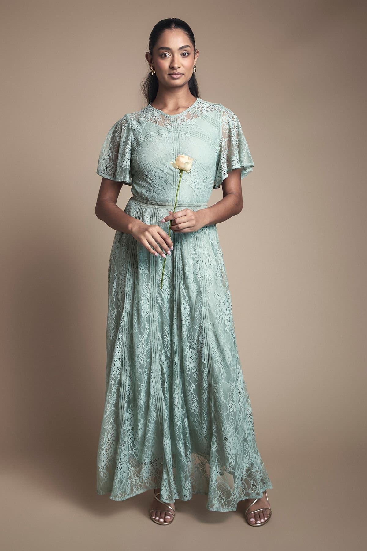 Oasis Oasis Women's Angel Sleeve Lace Bridesmaid Dress in Sage