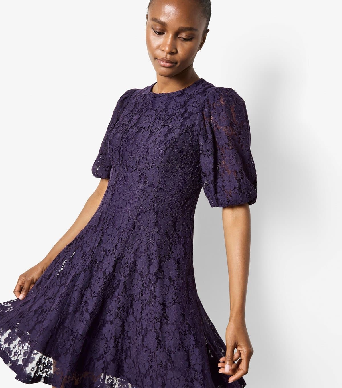 Apricot Women's Dark Purple Floral Lace Puff Sleeve Dress Apricot New Look