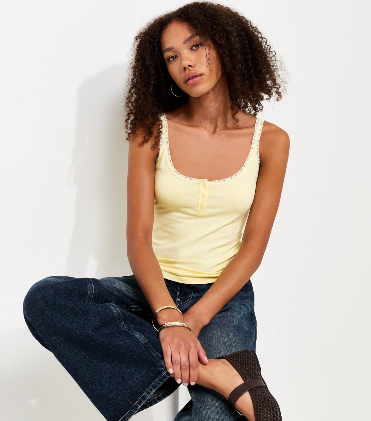 New Look Women's Light Yellow Cotton Rich Lace Trim Henley Cami Top New Look