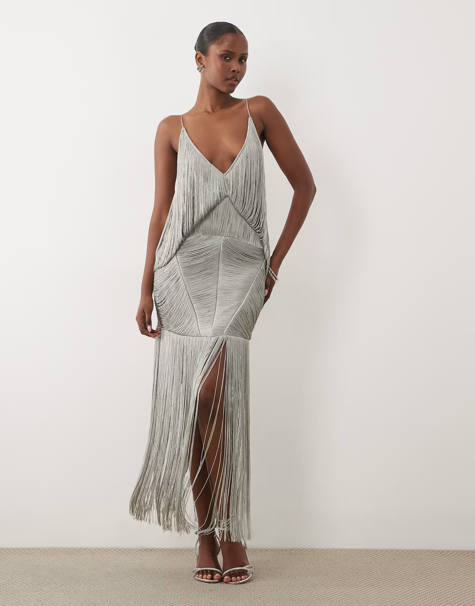 ASOS ASOS DESIGN drape fringe maxi dress in silver
