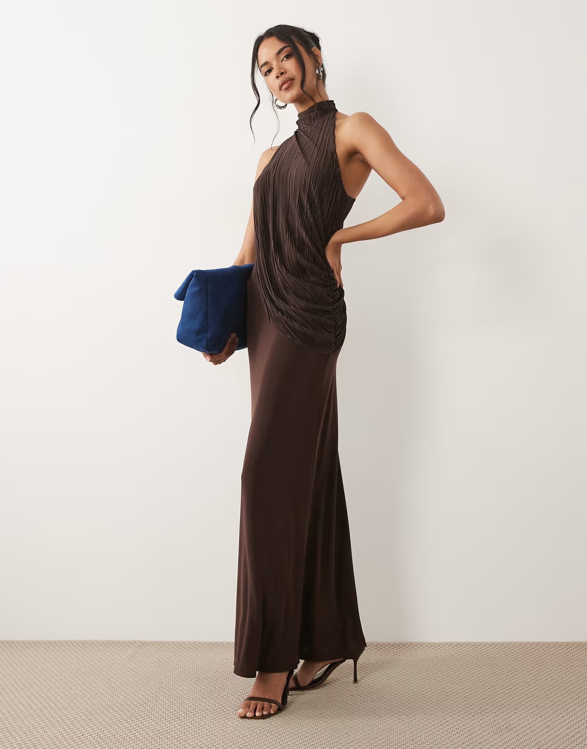 ASOS ASOS DESIGN plisse contrast draped halter neck maxi dress in rum raisin