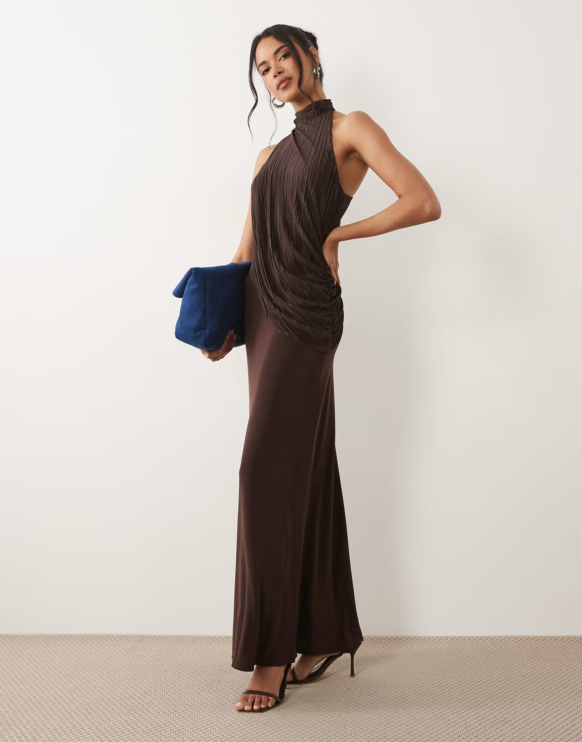 ASOS Brown Plisse Drape Halter Maxi Dress