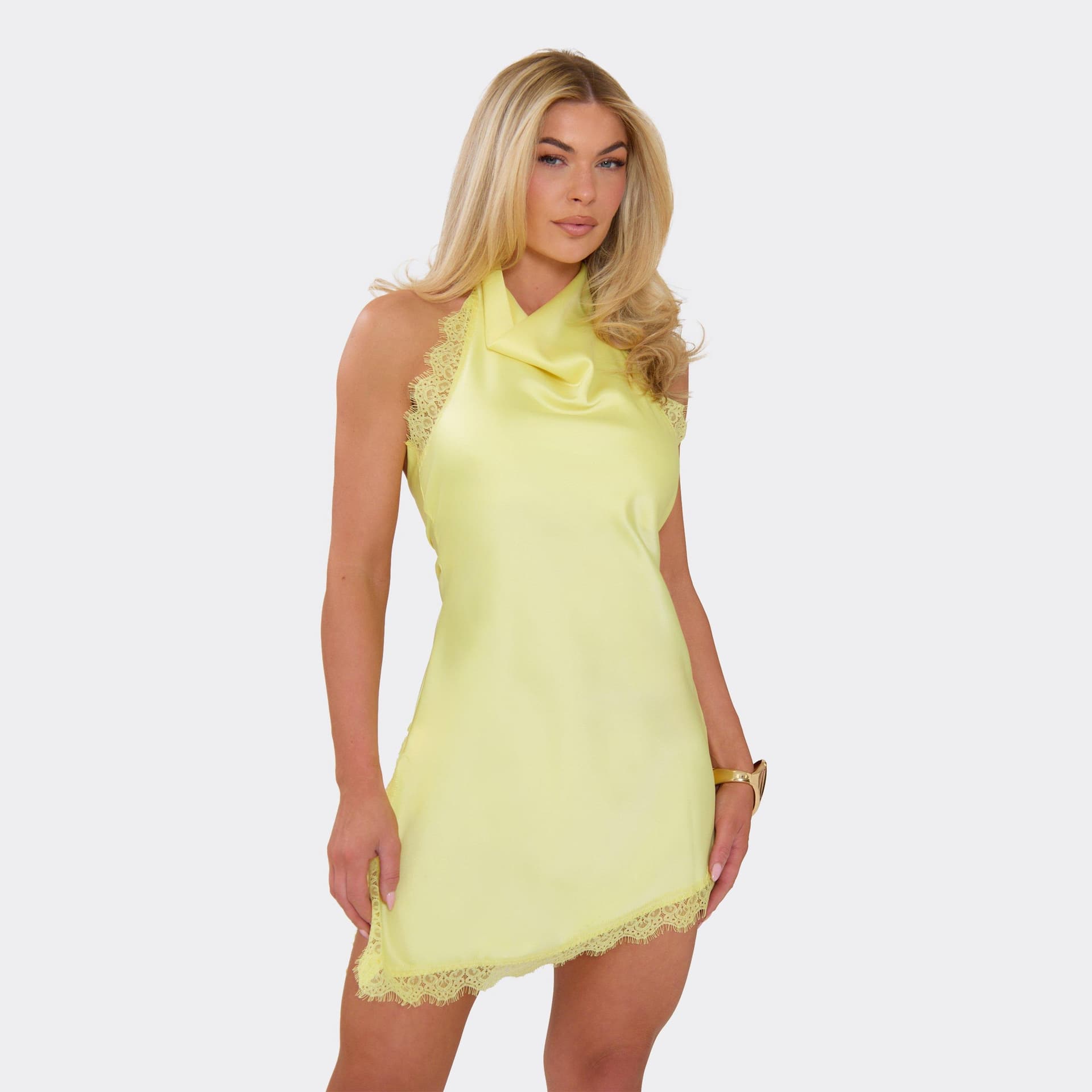 EGO Cowl High Neck Lace Trim Asymmetric Hem Detail Mini Dress In Lemon Satin, Women's Size UK 8