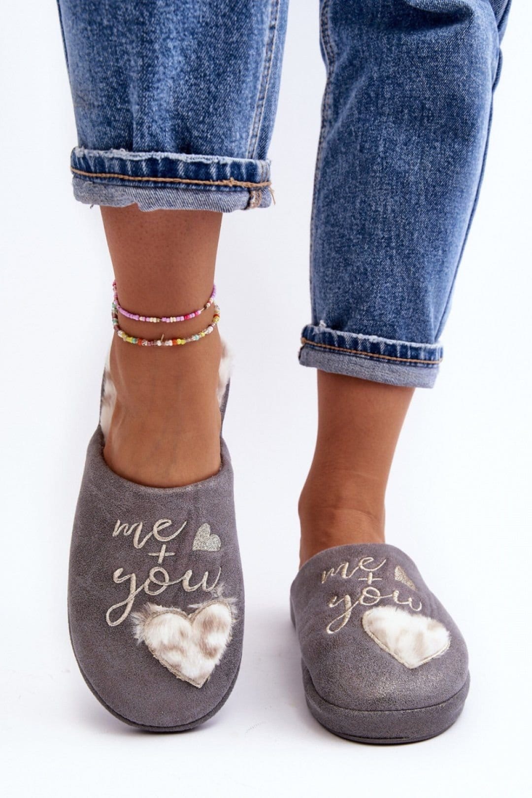 Love Lace Love Lace Women's Shiny Slip On Fur Lined Heart Inscription Slippers in Grey - 1