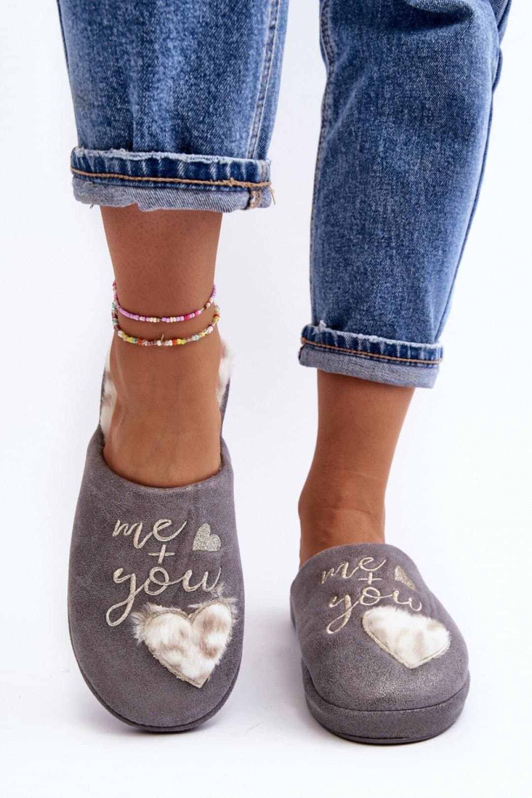 Love Lace Love Lace Grey Fur-Lined Heart Inscription Slippers