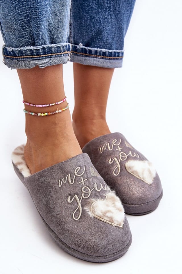 Love Lace Love Lace Women's Shiny Slip On Fur Lined Heart Inscription Slippers in Grey - 3