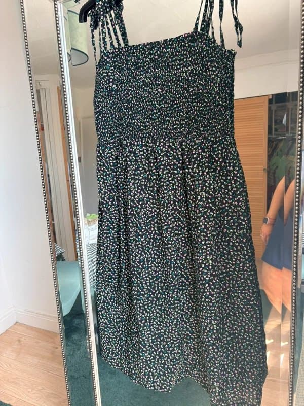 Marks & Spencer M&S Collection Shirred Floral Summer Dress UK 14 Black Adjustable Tie Straps