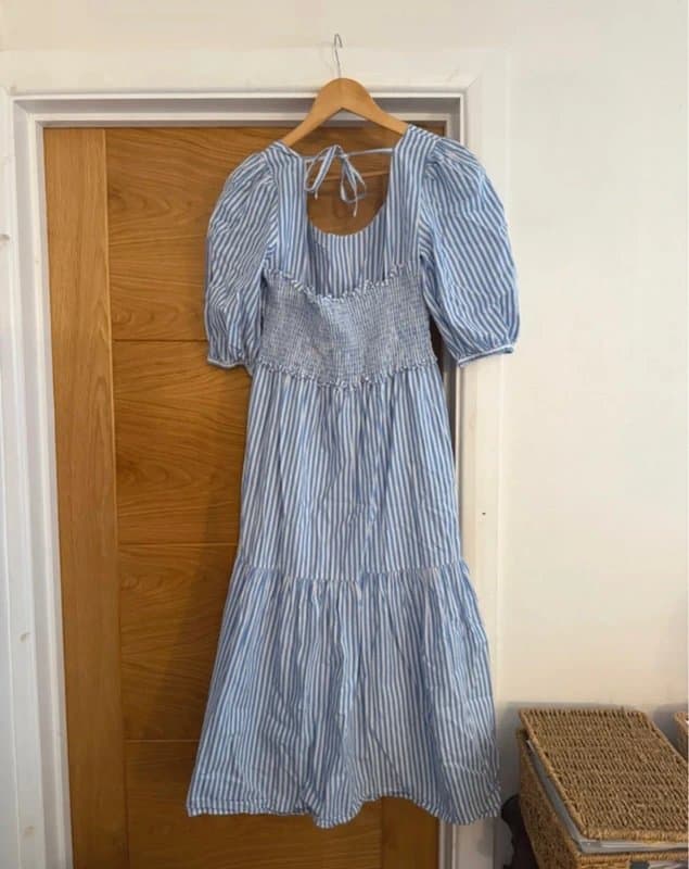 Albaray Albaray Blue White Striped Cotton Pinstripe Puff Sleeve Shirred Bow Back Tiered Smock Midi Dress