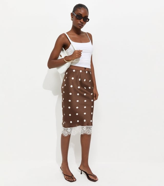 New Look Women's Brown Satin Polka Dot Lace Hem Midi Skirt New Look - 3