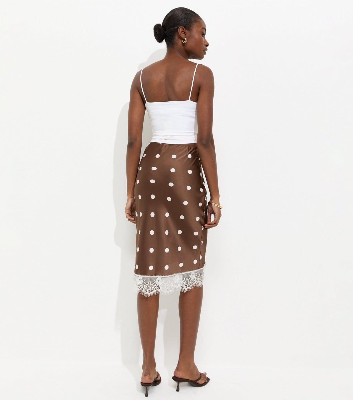 New Look Women's Brown Satin Polka Dot Lace Hem Midi Skirt New Look - 4
