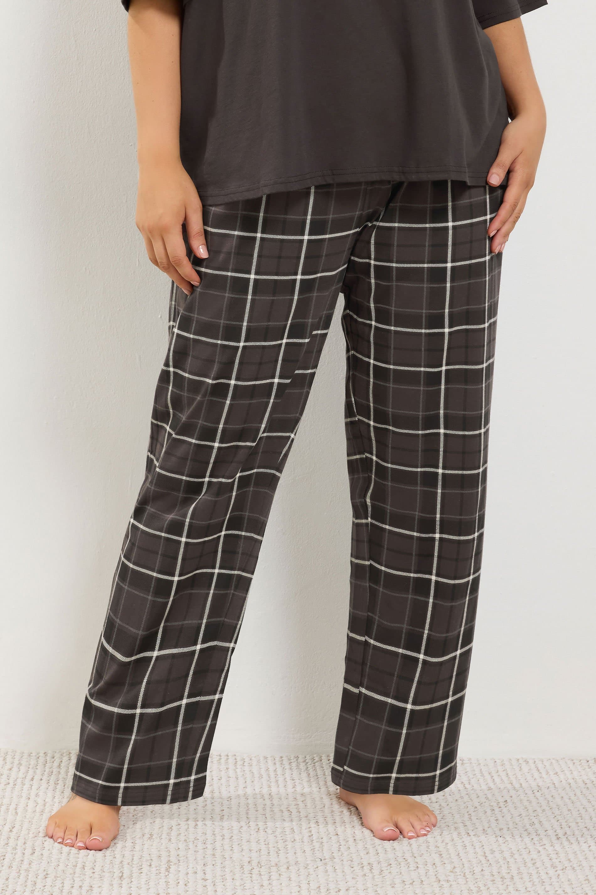 Yours Plus Size Chocolate Brown Check Wide Leg Cotton Pyjama Bottoms