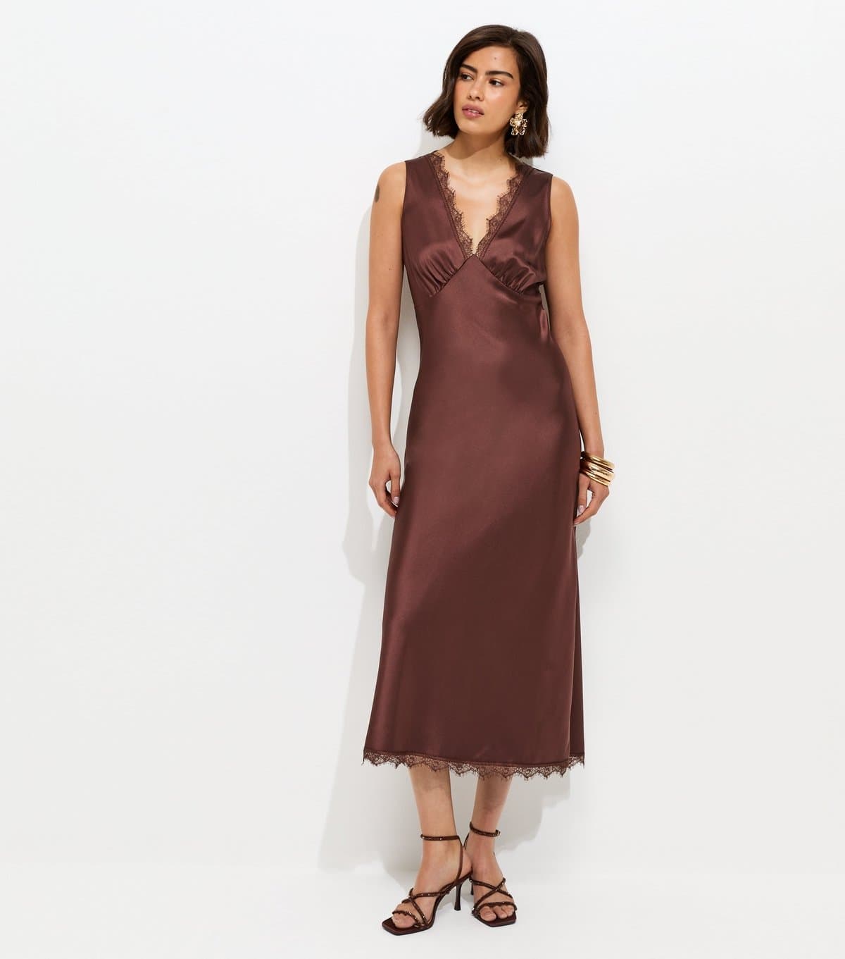 New Look Women's Dark Brown Satin Lace Trim Slip Midi Dress New Look