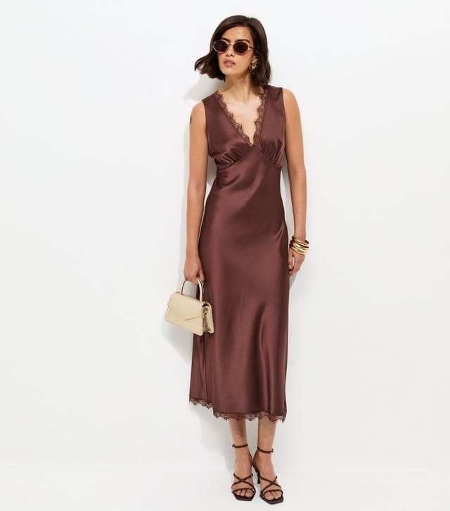 New Look Women's Dark Brown Satin Lace Trim Slip Midi Dress New Look - 2