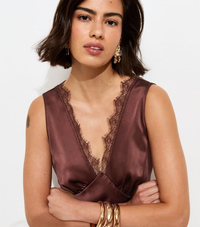 New Look Women's Dark Brown Satin Lace Trim Slip Midi Dress New Look - 3