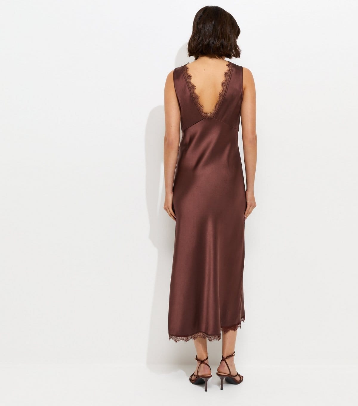 New Look Women's Dark Brown Satin Lace Trim Slip Midi Dress New Look - 4