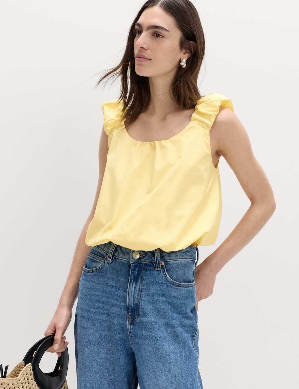 M&S Pure Cotton Bubble Hem Puff Strap Top Citrus