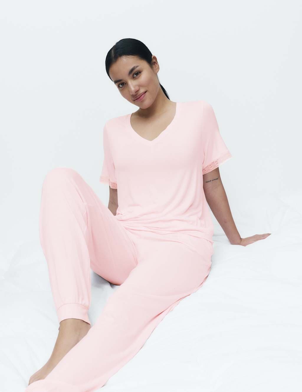 Marks & Spencer M&S Lace Trim Cuffed Hem Pyjama Set Pink