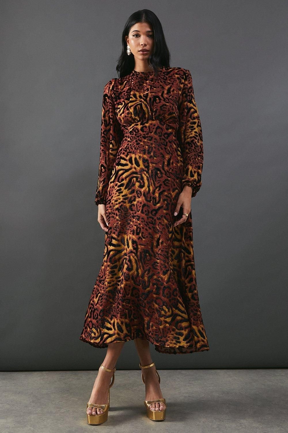 Warehouse Warehouse Women's Burnout Velvet Balloon Sleeve Empire Seam Midi Dress in Animal - 2