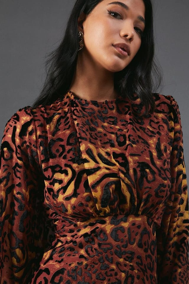 Warehouse Warehouse Women's Burnout Velvet Balloon Sleeve Empire Seam Midi Dress in Animal - 2