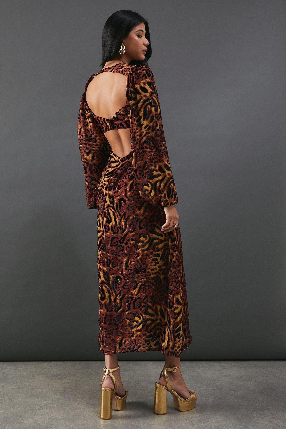 Warehouse Warehouse Women's Burnout Velvet Balloon Sleeve Empire Seam Midi Dress in Animal - 3