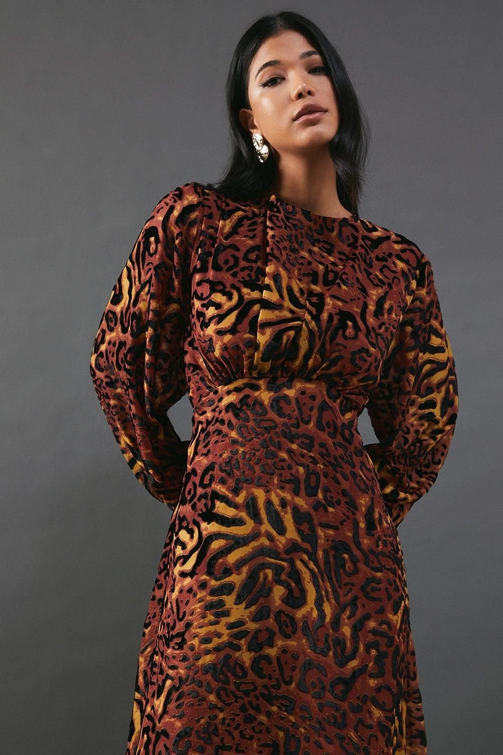 Warehouse Warehouse Women's Burnout Velvet Balloon Sleeve Empire Seam Midi Dress in Animal - 4