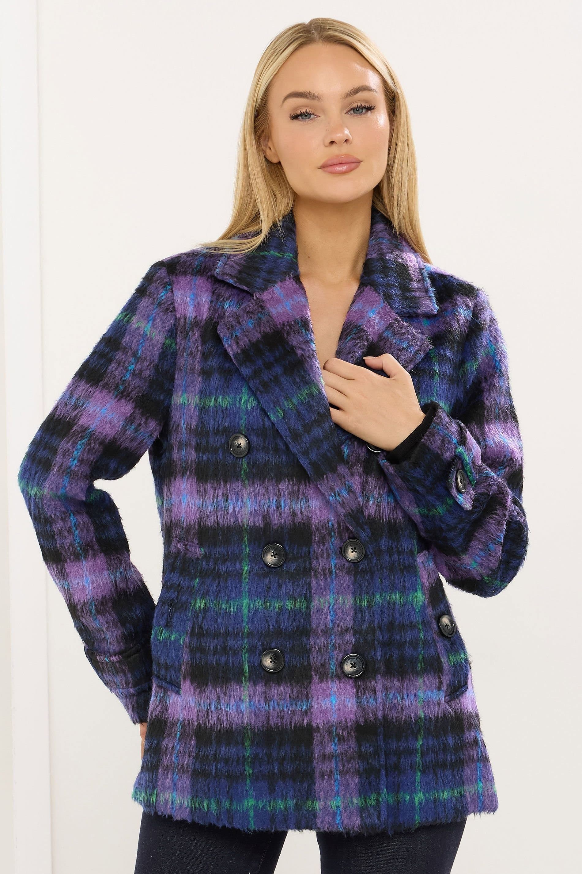 Star By Julien Macdonald Star by Julien Macdonald Women's Check Print Pea Coat in Purple