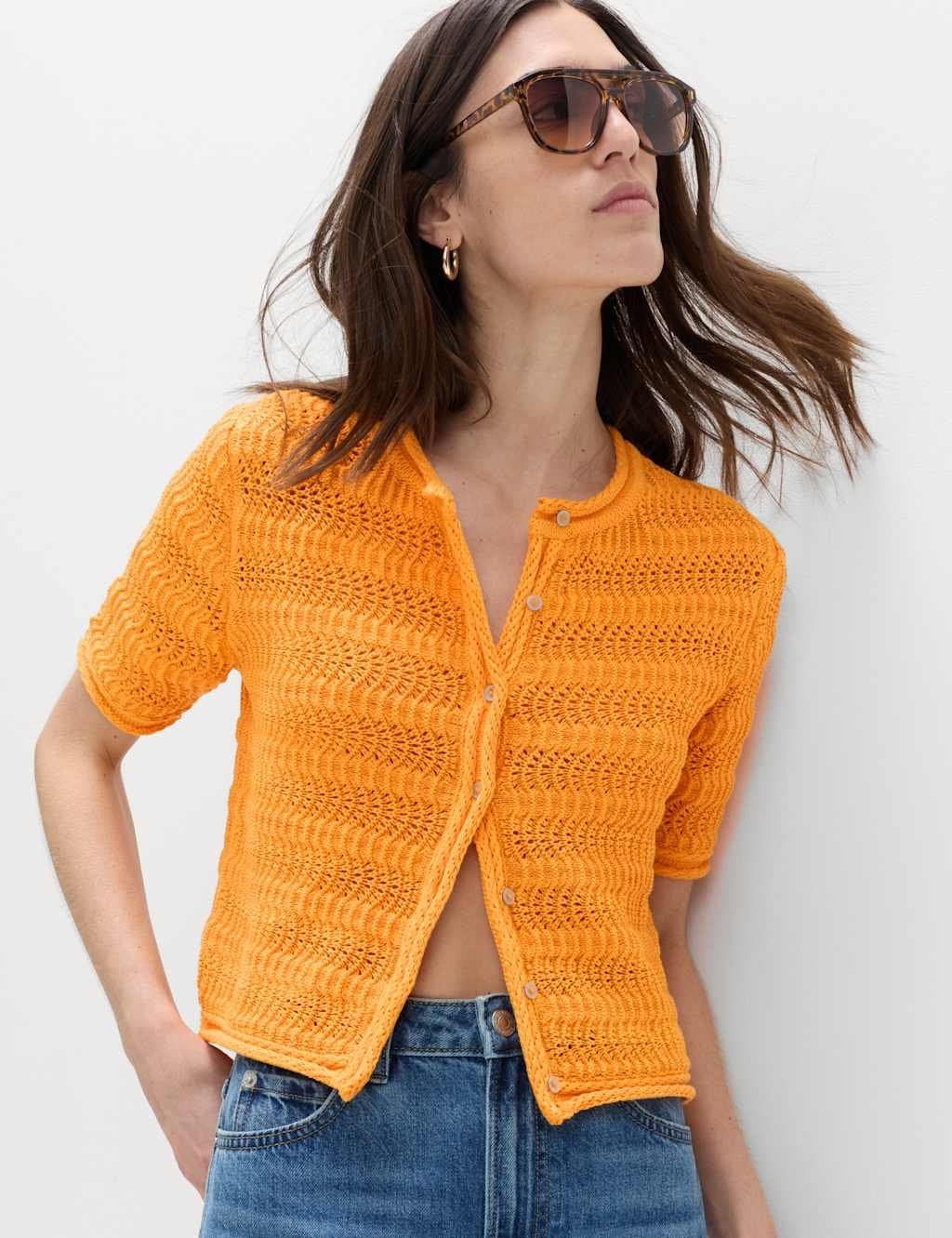 Marks & Spencer M&S Cotton Blend Textured Cropped Cardigan Mango