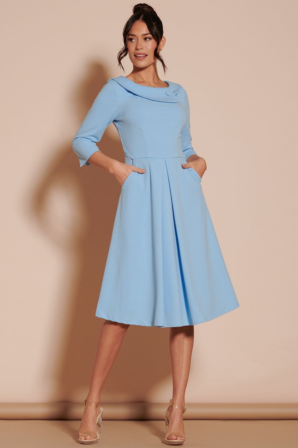 Jolie Moi Jolie Moi Women's Fold Neckline Sleeved Midi Dress in Light Blue - 2