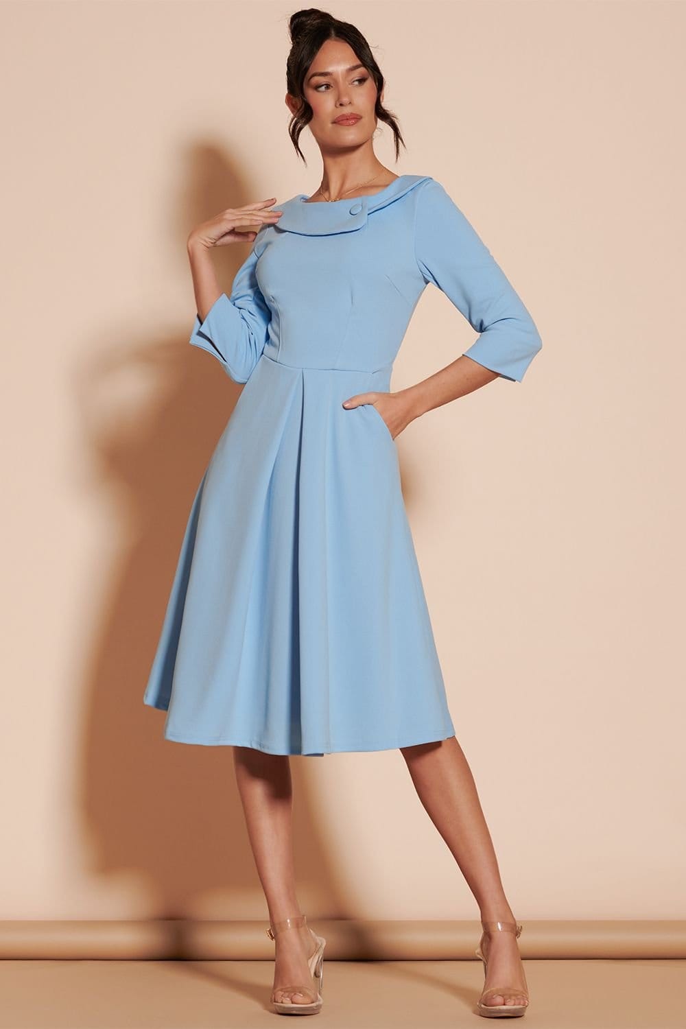 Jolie Moi Jolie Moi Women's Fold Neckline Sleeved Midi Dress in Light Blue - 4