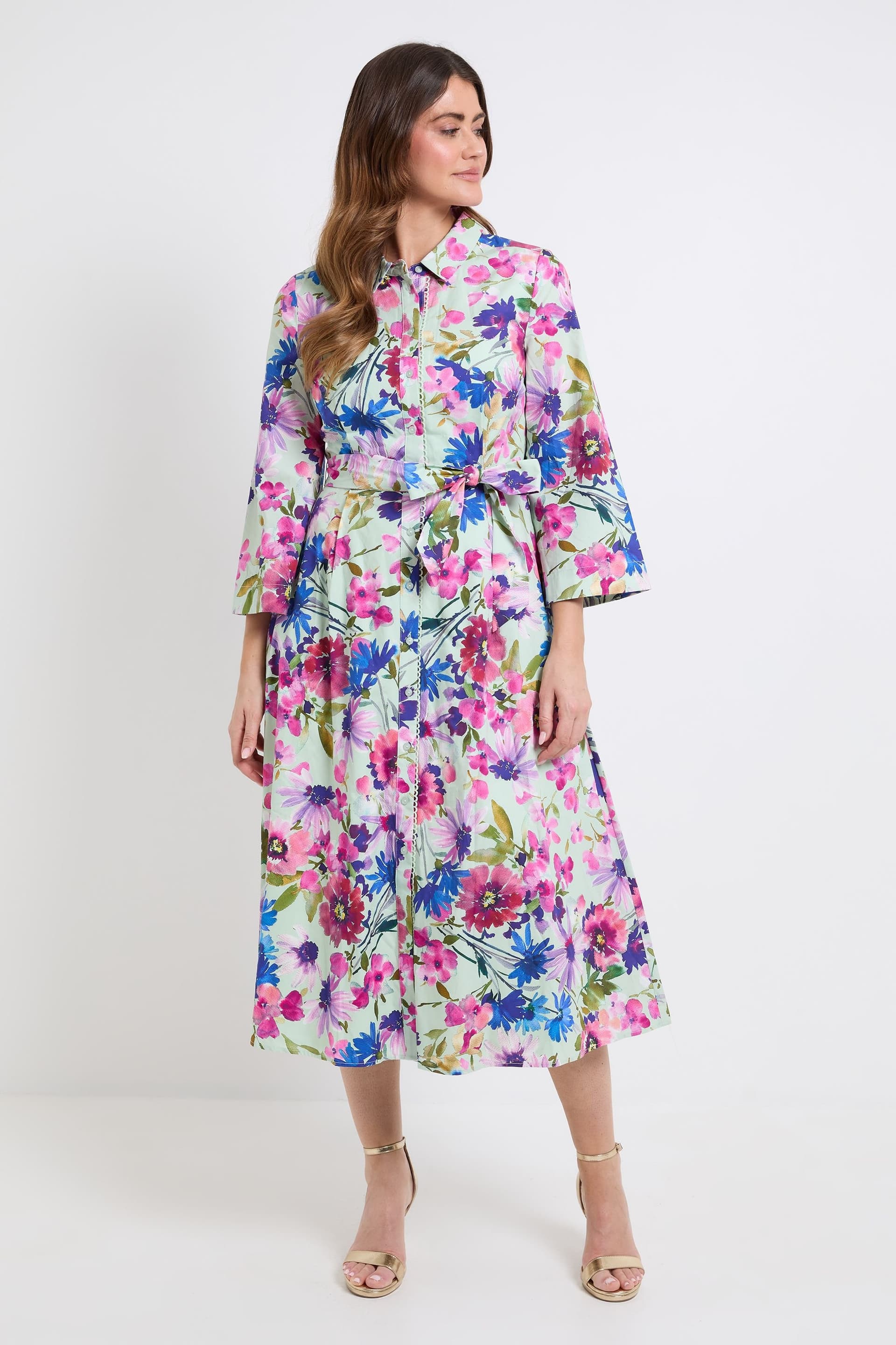 Wallis Wallis Women's Floral Cotton Shirt Dress in Sage