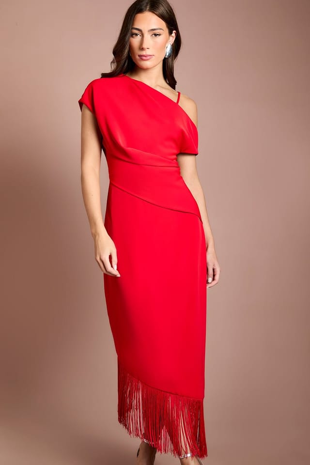 Coast Coast Women's Drape Sleeve Asymmetric Fringed Hem Midi Dress in Red - 2