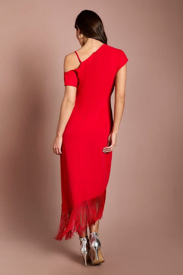 Coast Coast Women's Drape Sleeve Asymmetric Fringed Hem Midi Dress in Red - 3