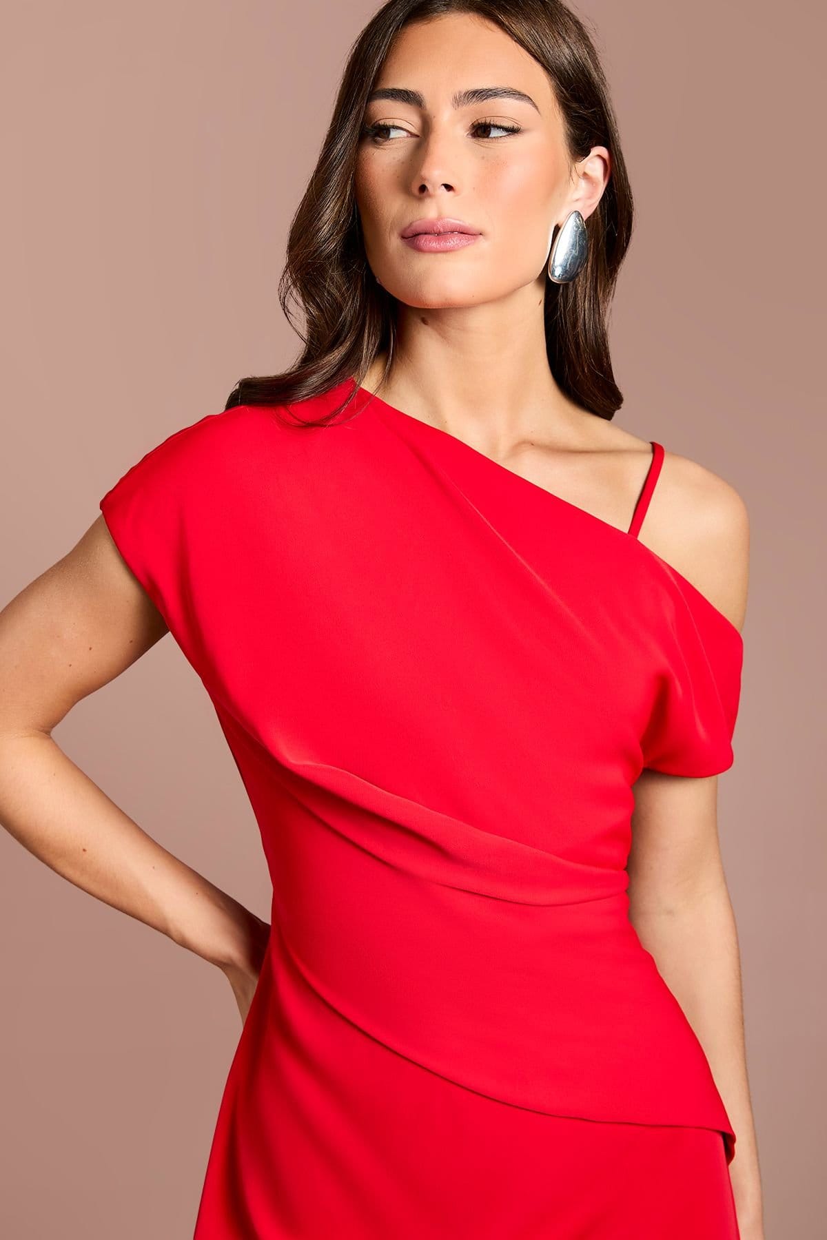 Coast Coast Women's Drape Sleeve Asymmetric Fringed Hem Midi Dress in Red - 4