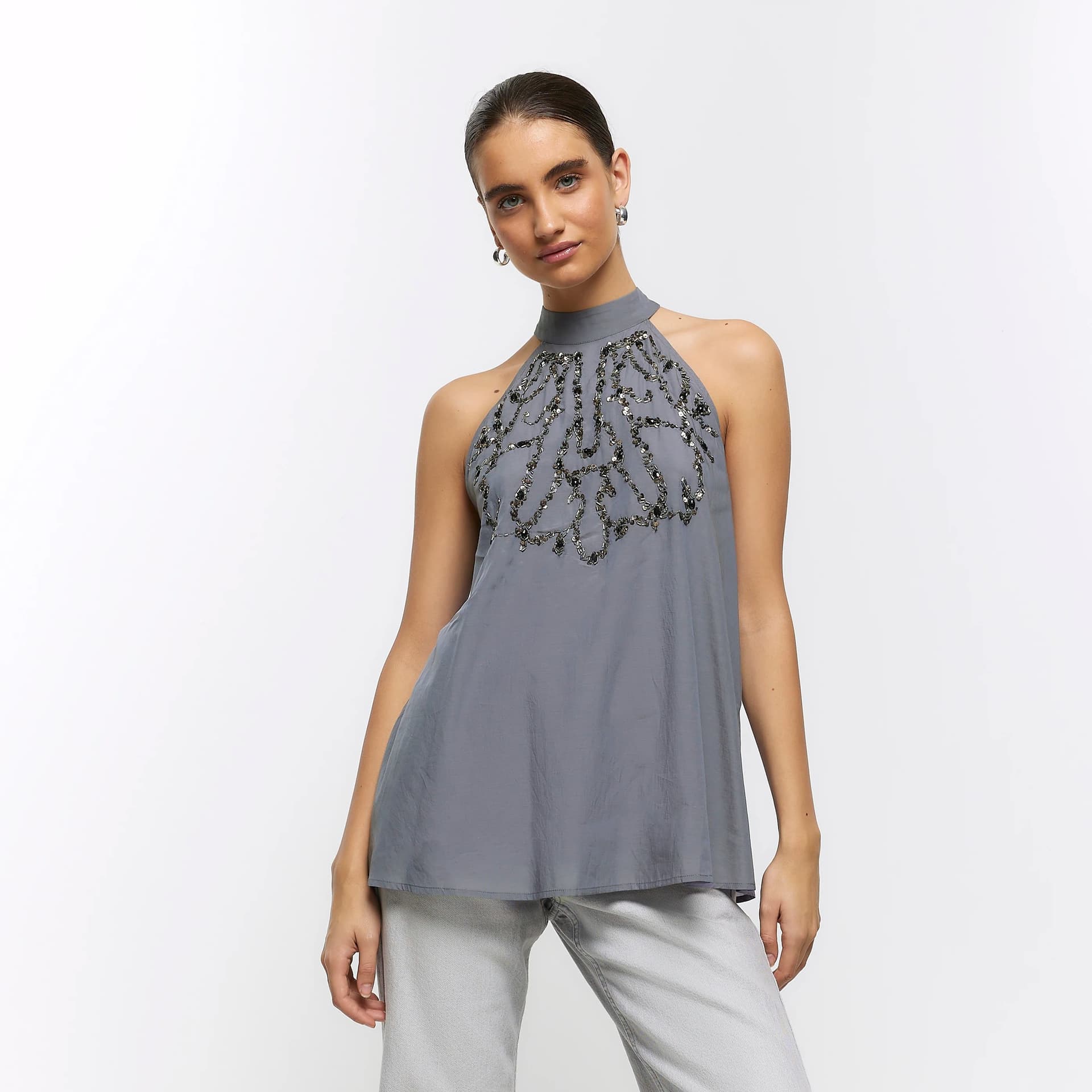 River Island River Island Womens Grey Embellished Halter Blouse