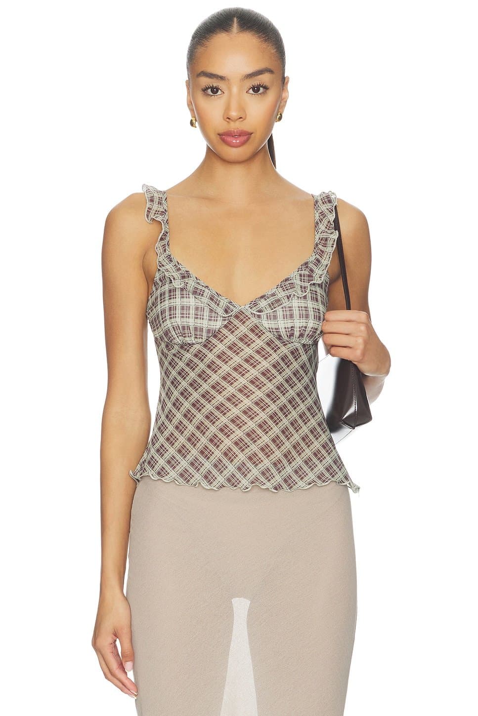 revolve Revolve Brown Plaid V-Neck Mesh Top