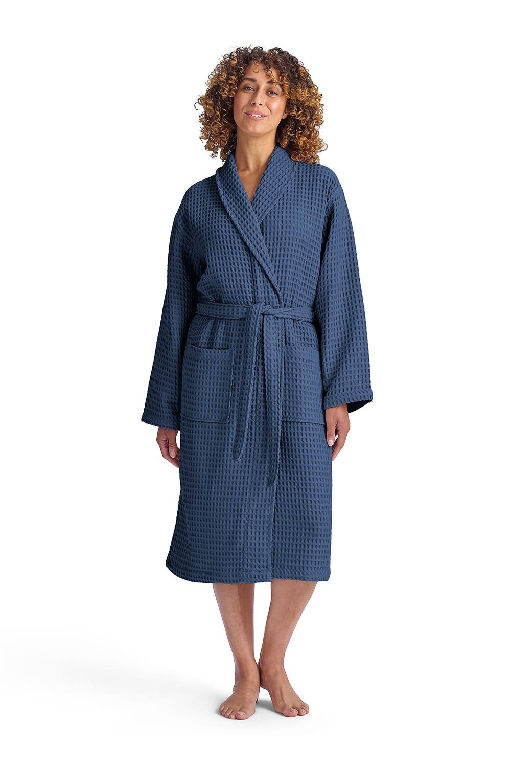 Christy CHRISTY Women's 'Waffle' 100% Turkish Cotton Kimono Style Bathrobe in Navy - 2