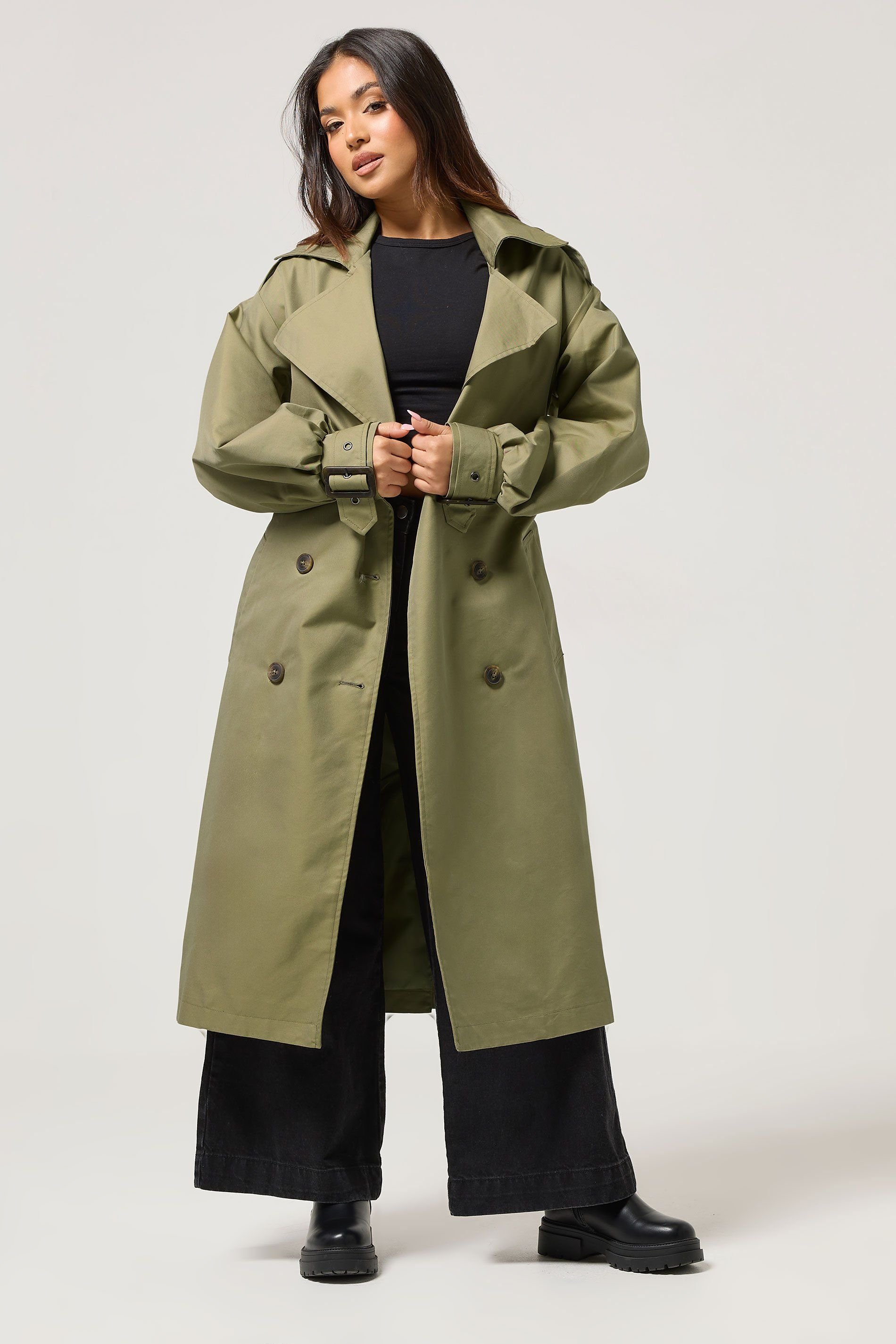 PixieGirl PixieGirl Women's Petite Buckle Trench Coat in Green - 1
