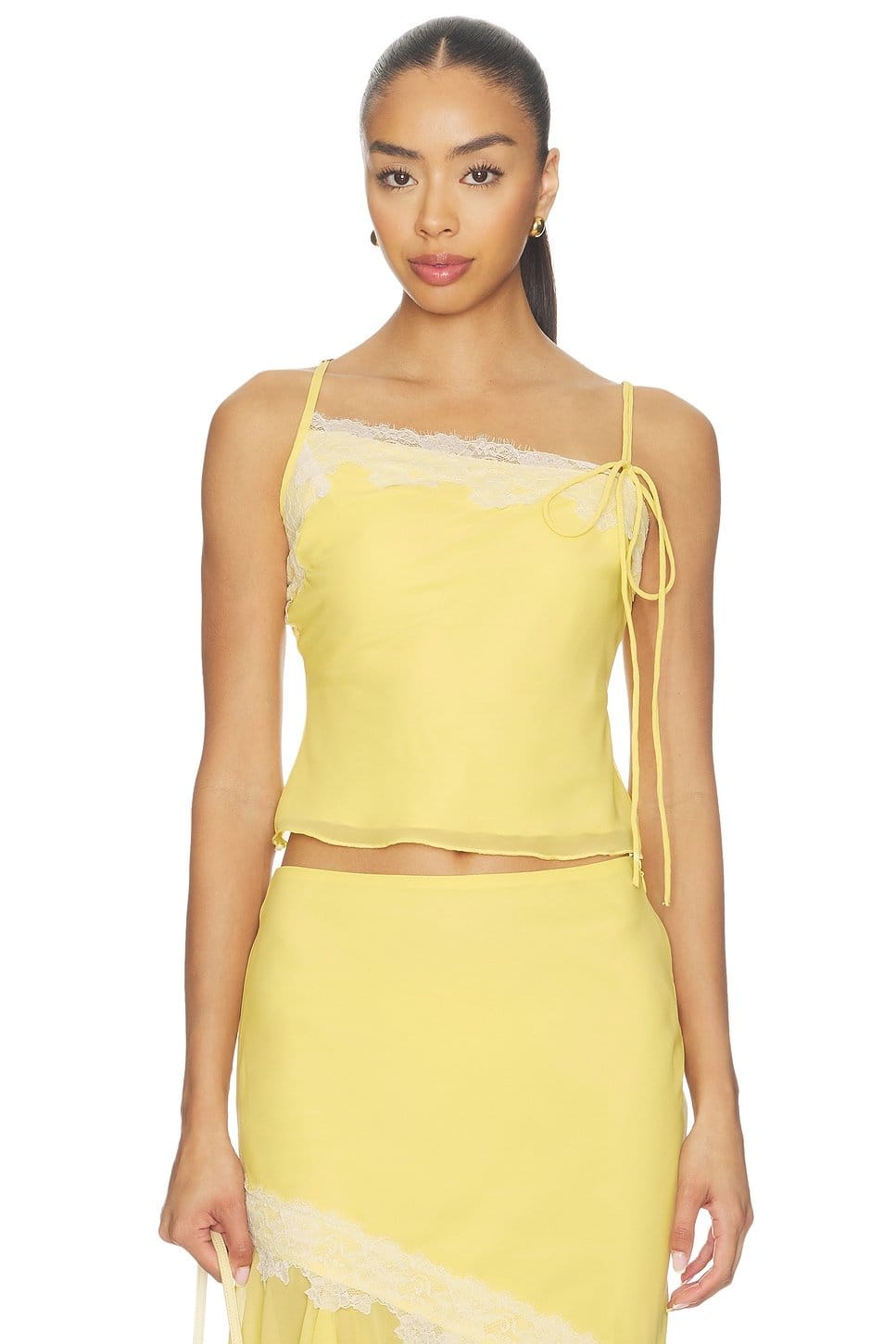 Revolve Baby Yellow Lace Trim Crop Top and Skirt Set