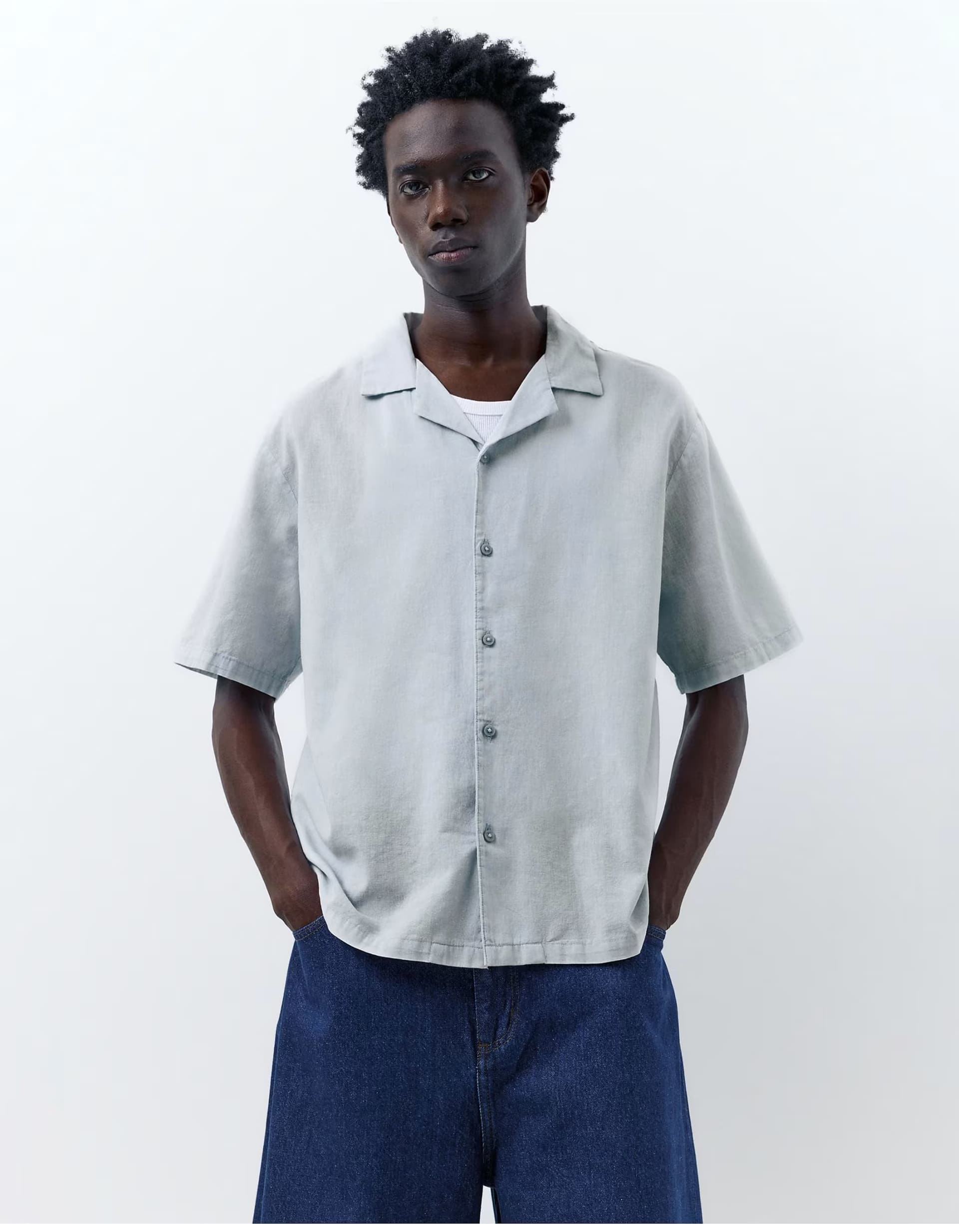 ASOS Pull&Bear Short sleeve linen blend shirt in pale blue