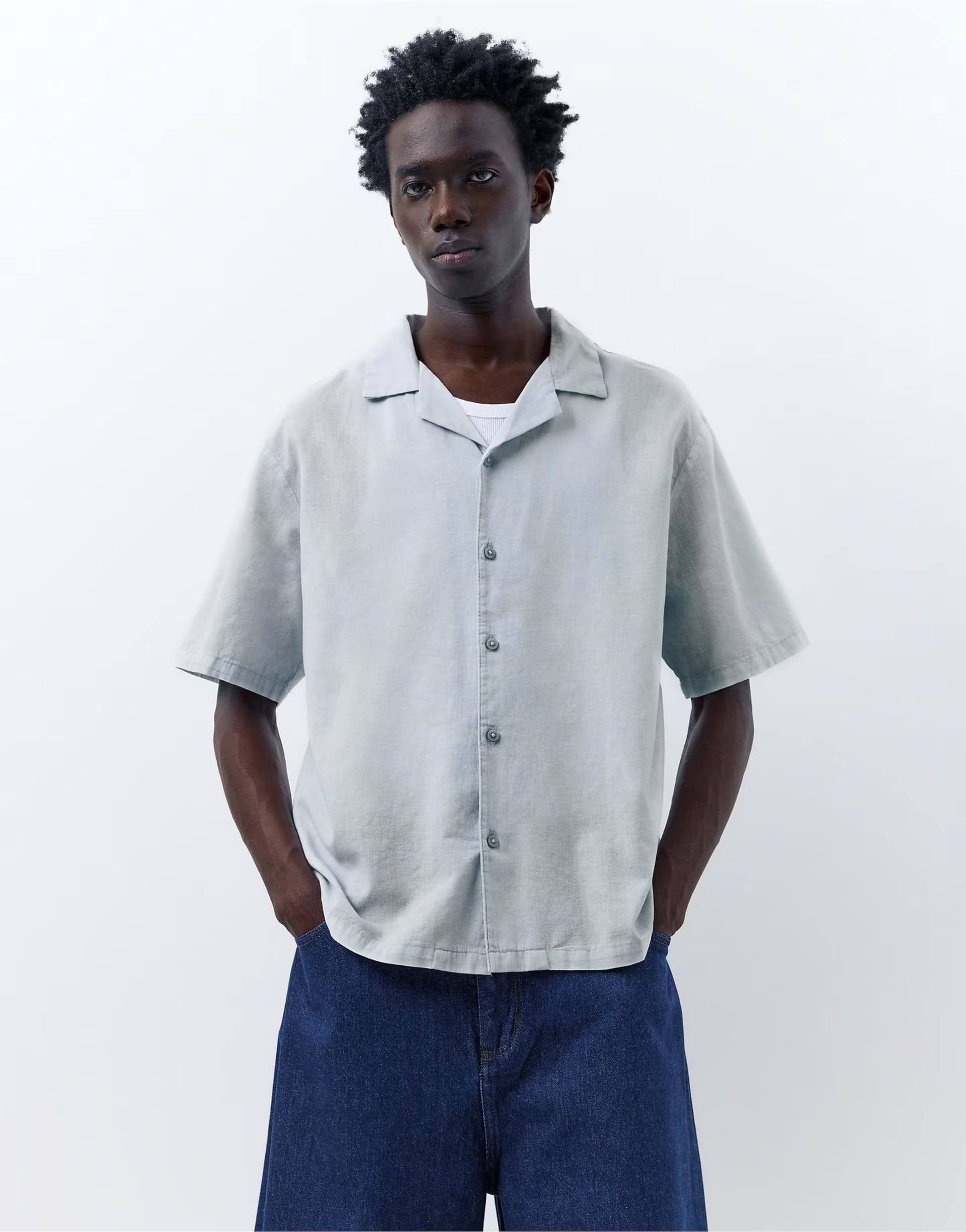 ASOS Pale Blue Linen Blend Short Sleeve Shirt