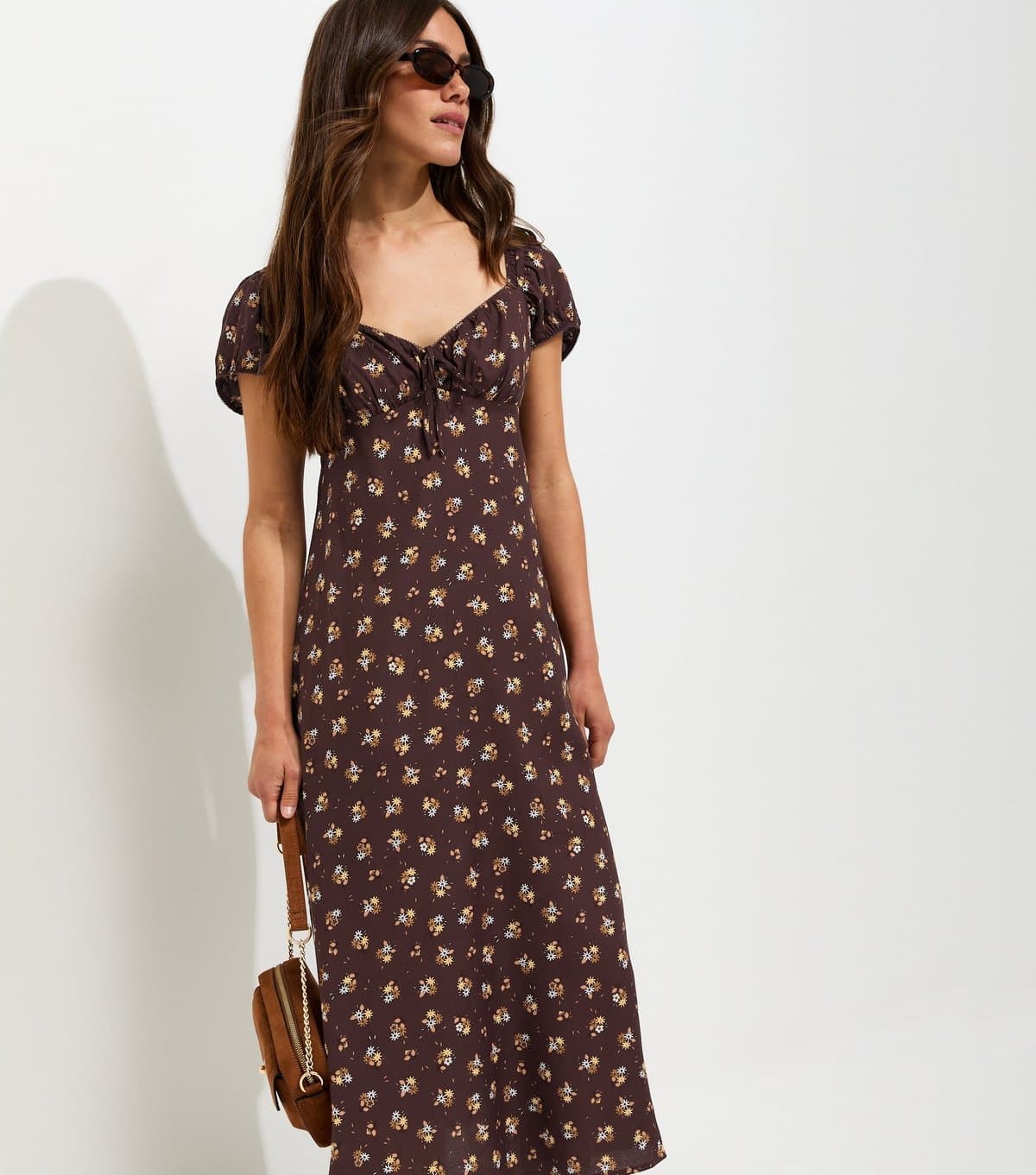 New Look Women's Petite Brown Ditsy Print Milkmaid Midi Dress New Look