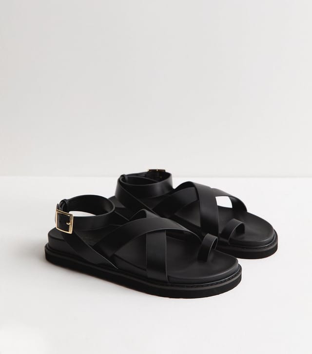 New Look Women's Black Faux Suede Toe Loop Chunky Flat Sandals Vegan New Look - 2