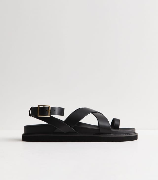 New Look Women's Black Faux Suede Toe Loop Chunky Flat Sandals Vegan New Look - 3