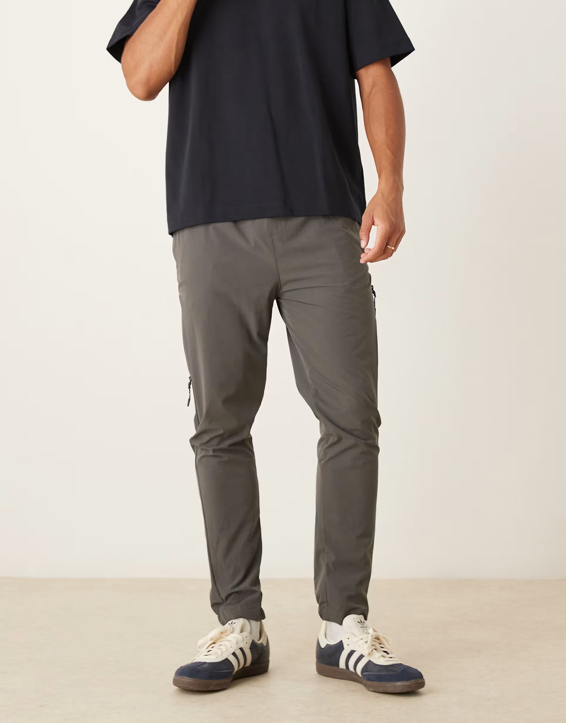 ASOS Brave Soul Straight leg elasticated waist trousers in dark grey - 1