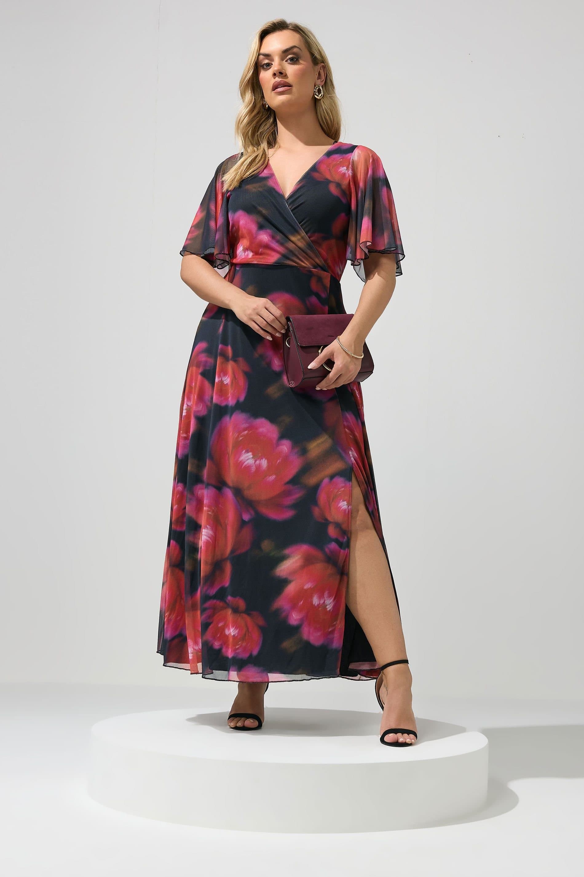 Yours Yours Women's Floral Abstract Mesh Dress in Black