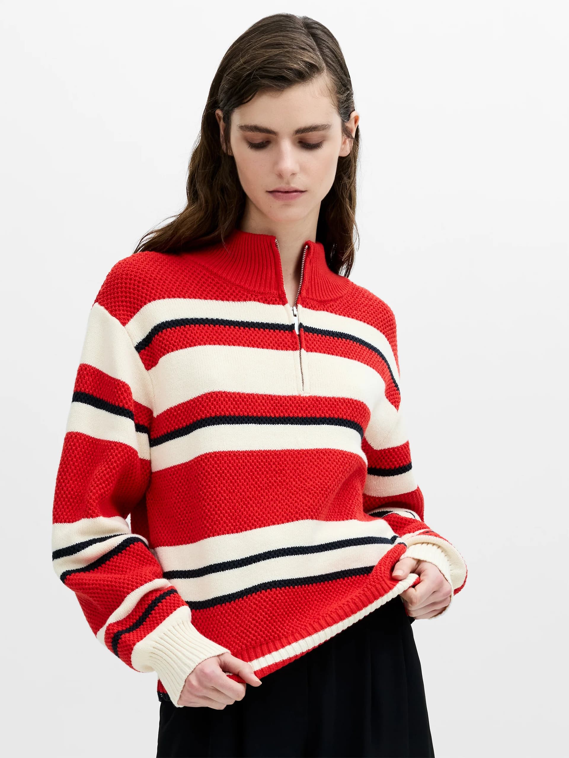 French Connection Varli Textured Red Striped Half Zip Jumper Porcelain Cream/Rouge Red/Black