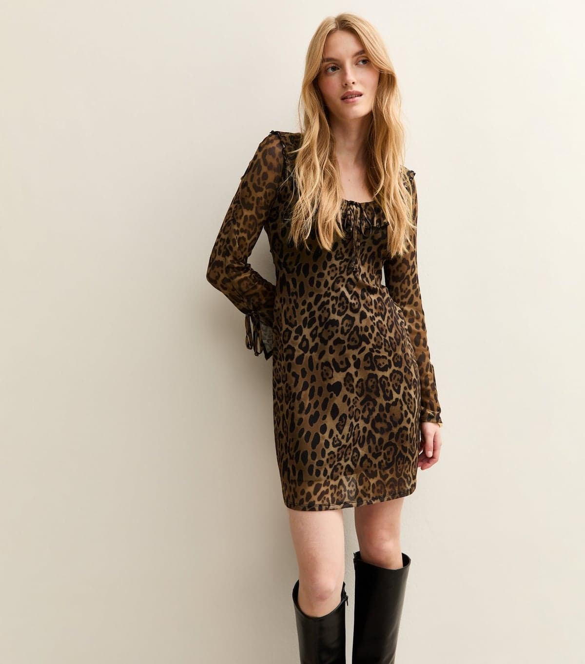New Look Women's Brown Leopard Print Mesh Scoop Neck Tie Detail Mini Dress New Look