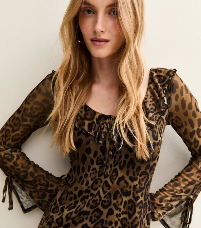 New Look Women's Brown Leopard Print Mesh Scoop Neck Tie Detail Mini Dress New Look - 3