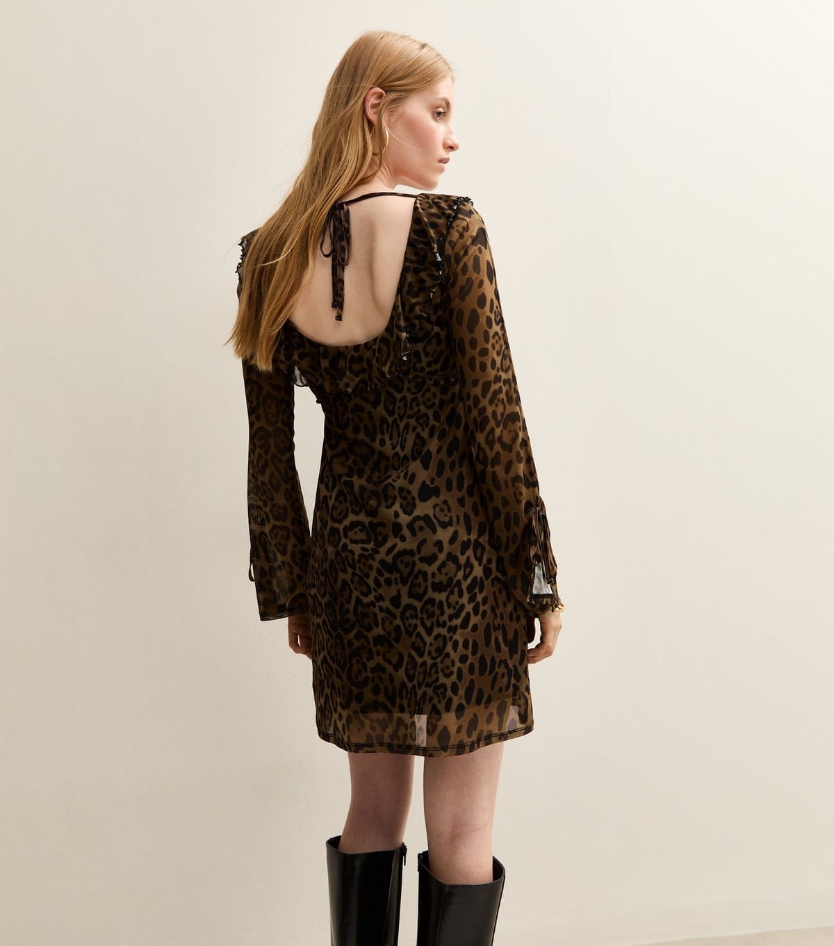 New Look Women's Brown Leopard Print Mesh Scoop Neck Tie Detail Mini Dress New Look - 4